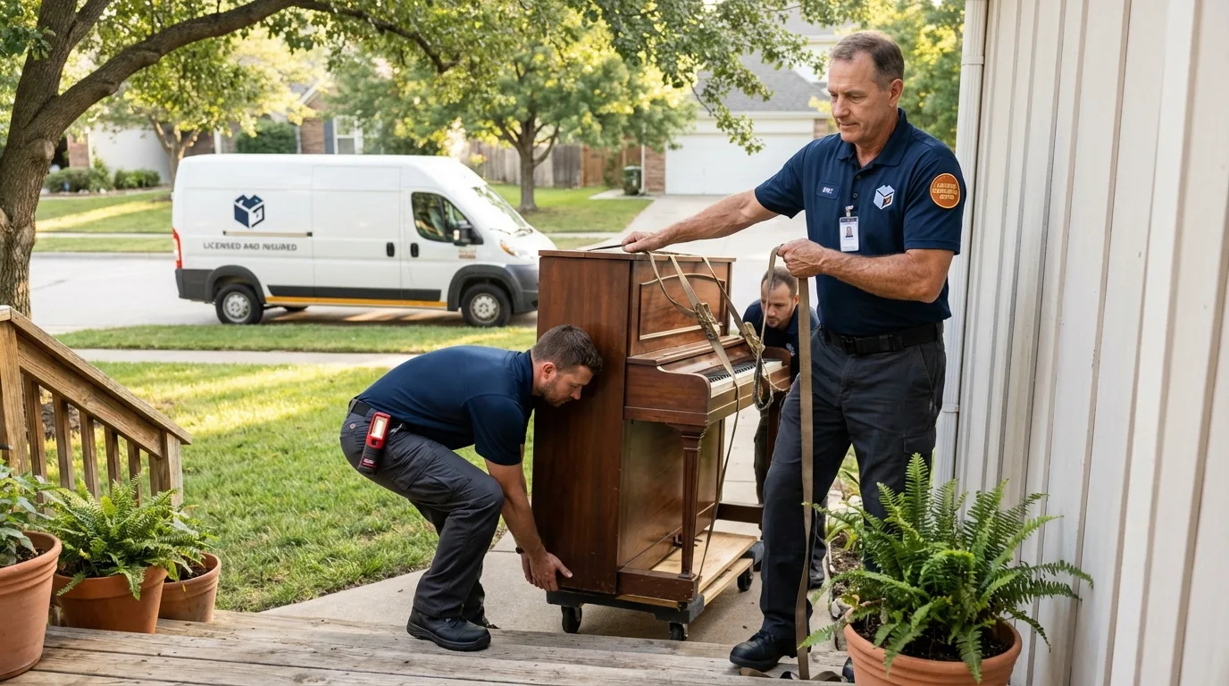 Licensed piano movers securing grand piano in Delaware, OH