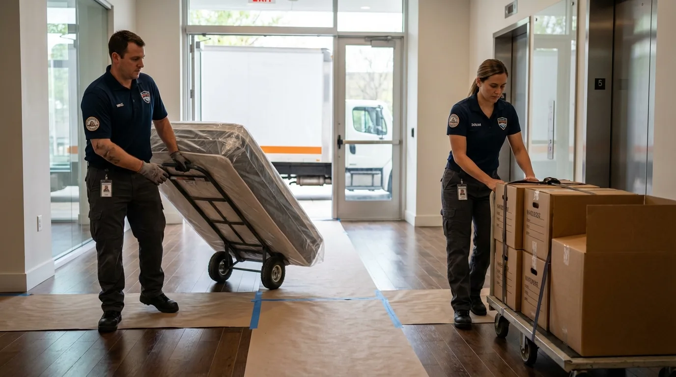 Professional apartment movers loading elevator in Delaware, OH